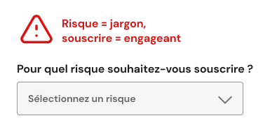 Un mauvais exemple proposant cette étiquette : quel risque souhaitez-vous souscrire ? L'étiquette est jargonnée (risque) et orienté technique et engageante (souscrire)