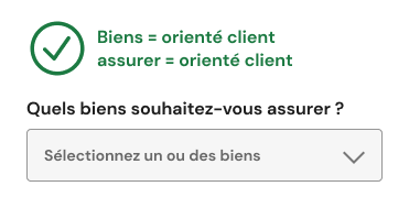 Le même exemple corrigé avec l'étiquette : quel bien souhaitez-vous assurer ? Les deux nouveaux termes sont rassurants, positifs et orientés client.