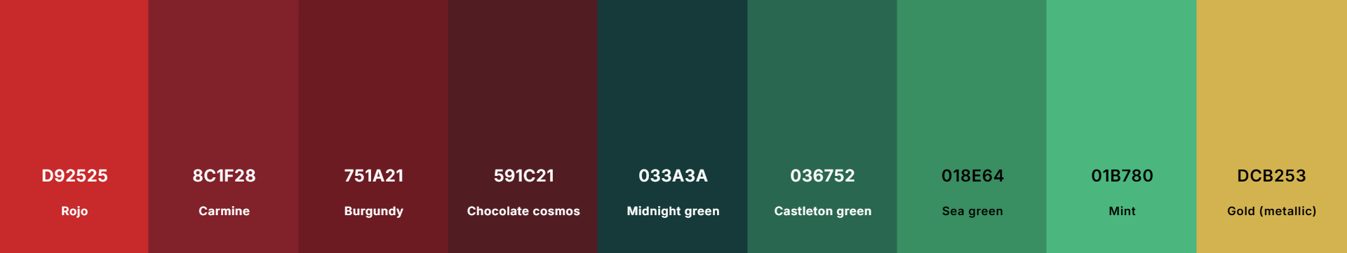 Proposition de couleurs de base: 4 variations de rouges, 4 variations de vert et une couleur Or