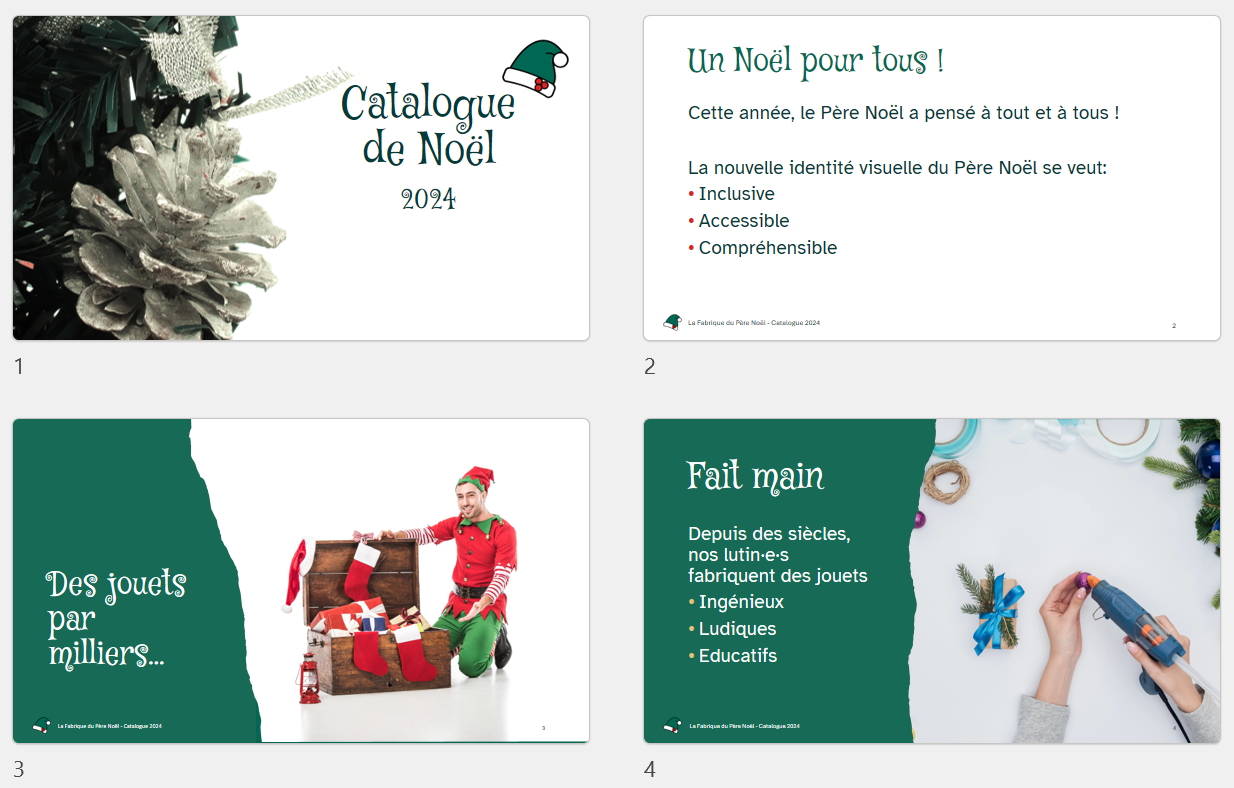 Quelques diapositives d'exemple de présentation de la Fabrique de Noël aux nouvelles couleurs et polices d'écriture