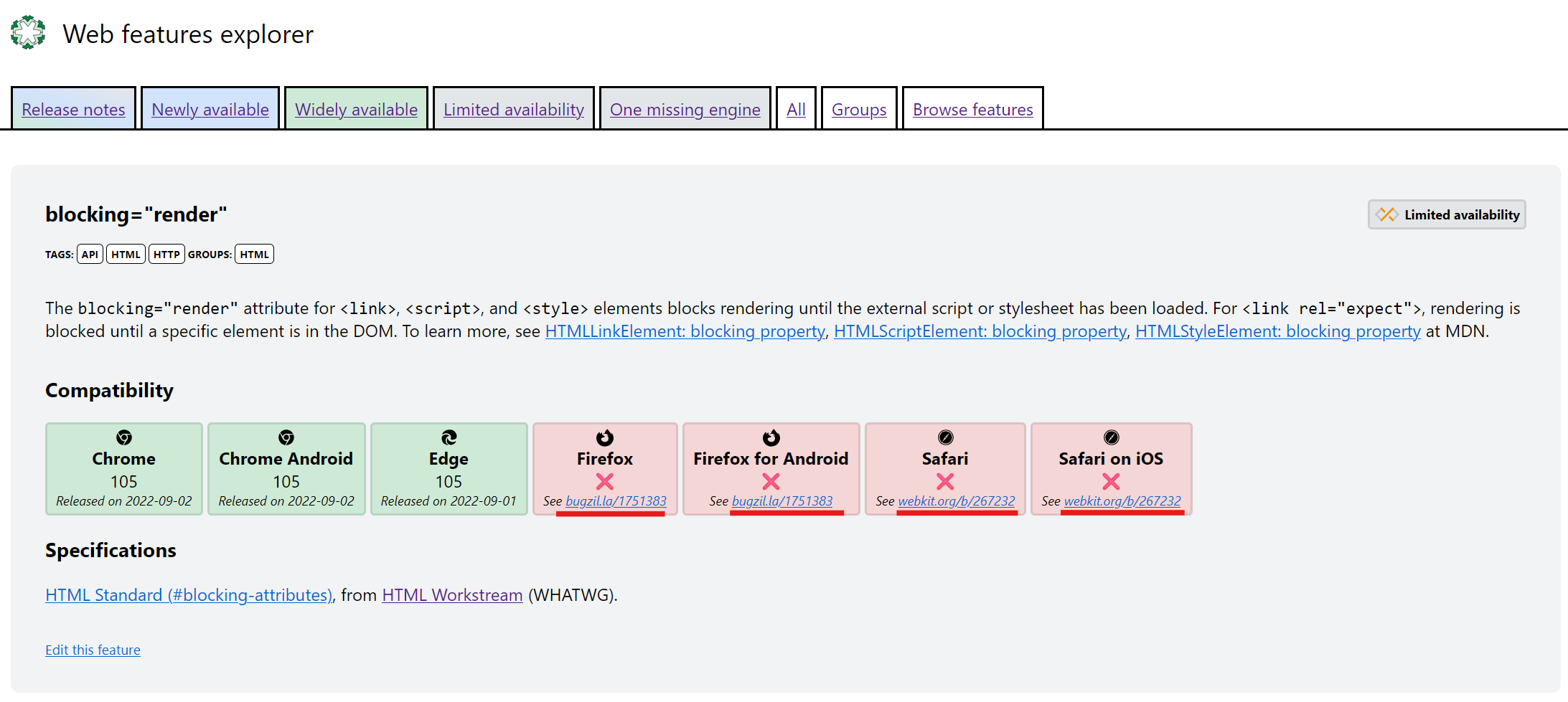 La fonctionnalité blocking=render sur Web Features Explorer