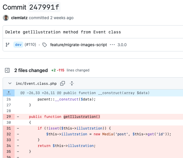 Capture d'écran d'un <span lang="en">commit</span> Git montrant la suppression d'une méthode nommée "getIllustration" dans une classe. Le message de <span lang="en">commit</span> est : “Delete getIllustration method from Event class”.