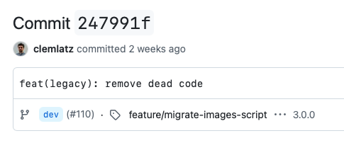 Capture d’écran du même <span lang="en">commit</span> que précédemment, mais avec cette fois le véritable message : “feat(legacy): remove dead code”.