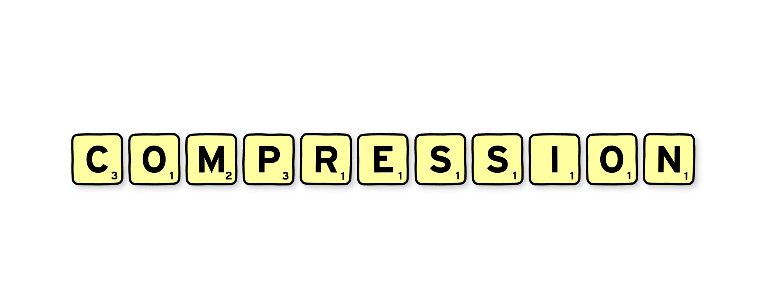 Tuiles de Scrabble des lettres du mot compression, les lettres C et P valent trois points, M vaut deux points, 0,R, E,S,I valent un seul point