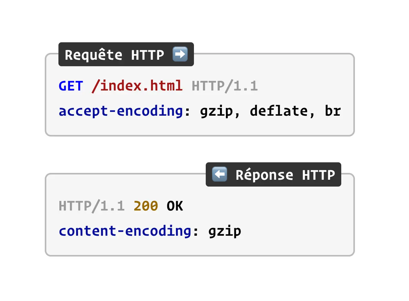 Schéma montrant une requête GET HTTP vers le fichier index.html qui passe l'en-tête accept-encoding: gzip, deflate, br et la réponse associée avec un code 200 OK avec l'en-tête content-encoding gzip