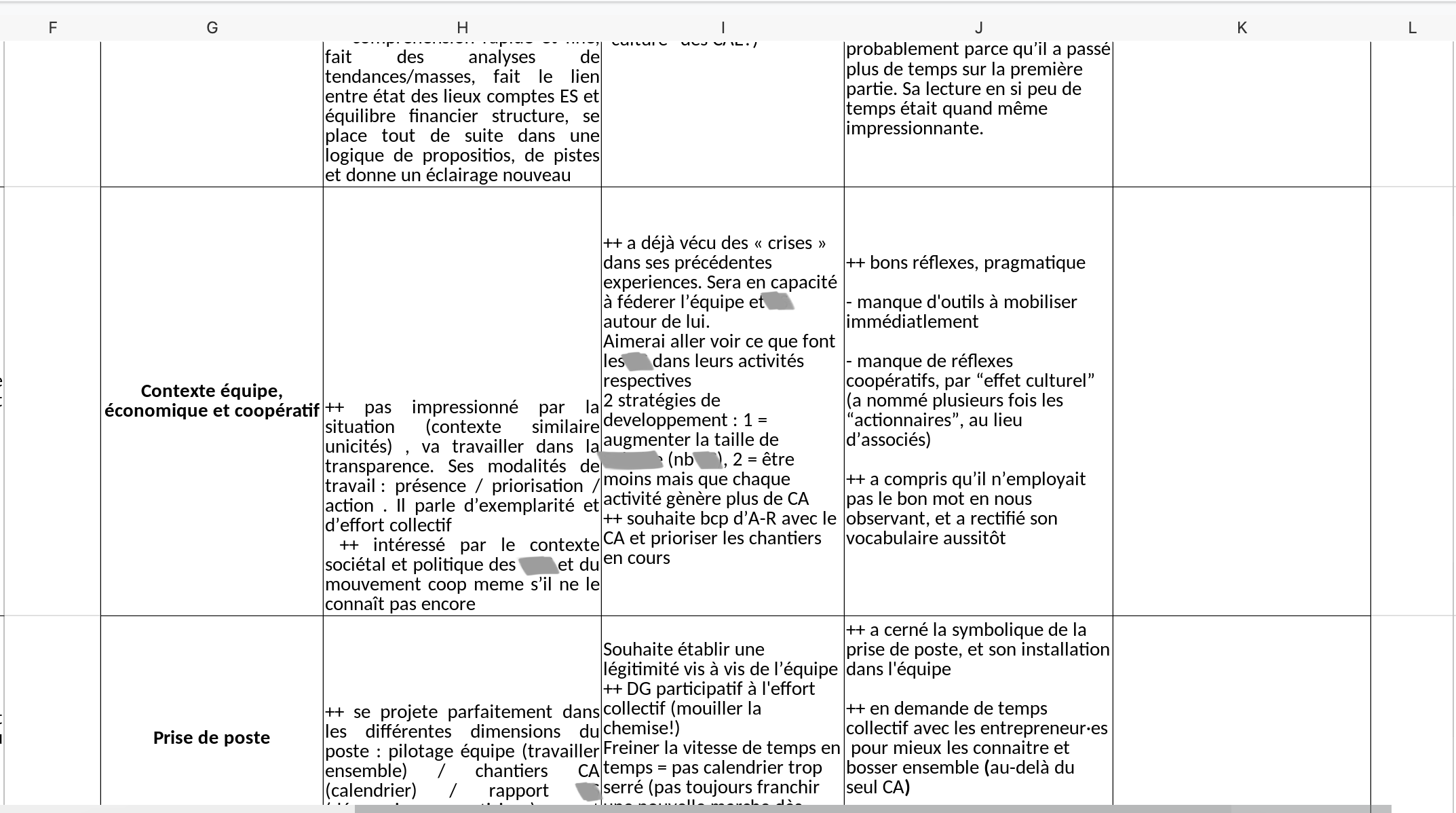 Tableur présentant en ligne différents domaines d'évaluation tels que le contexte de travail en équipe, la prise de poste. Chaque colonne représente les évaluations positives et les doutes de chaque évaluateurice.