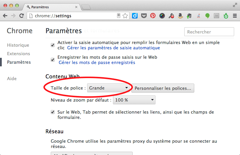 Configuration de la taille de texte par défaut dans Chrome