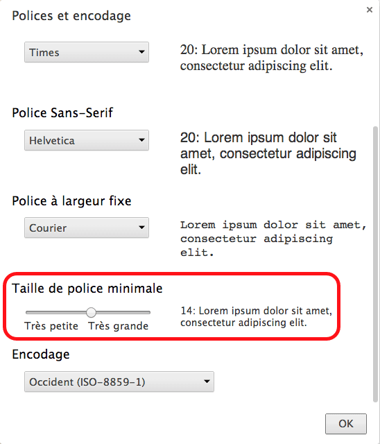 Réglage de la taille minimale de texte dans Chrome