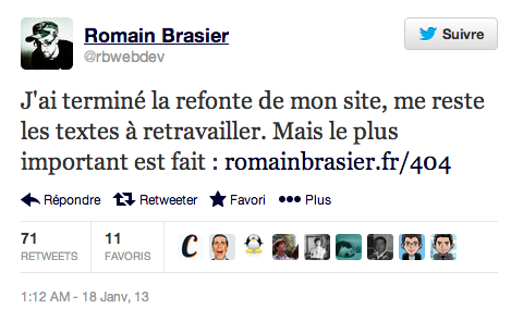 Tweet de Romain Brasier pour annoncer le lancement de sa 404