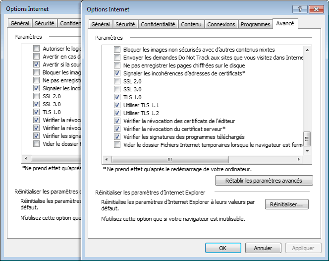 Les options Internet d’IE 9 (Vista) et IE 11 (Windows 7)