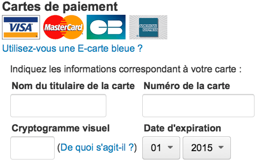 Formulaire de saisie des informations de carte bancaire
