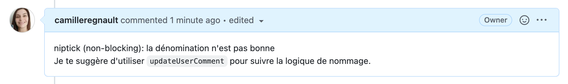 Commentaire : niptik (non-blocking): la démonimation n'est pas bonne. Je te suggère d'utiliser updateUserComment pour suivre la logique de nommage