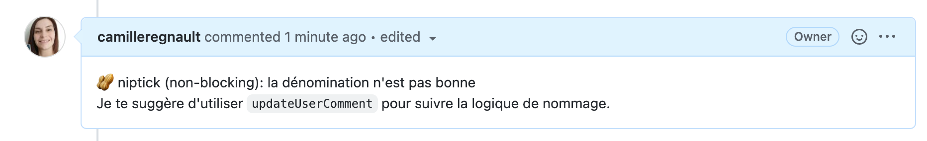 Commentaire : 🥜 niptick (non-blocking): la dénomination n'est pas bonne. Je te suggère d'utiliser updateUserComment pour suivre la logique de nommage.